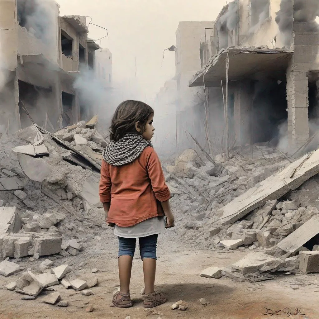 Prompt: a drawing of (a little girl : 1.5) , Arab, Palestine Keffiyeh , (standing among the rubbles : 0.8), smoke and destruction ( background : 0.15) , back view, colored graphite painting , clear sharp contours , mute colors palette, by DANIELA UHLIG, high contrast, centered,  8k, HQ, UHD, insanely detailed, hyper realistic, trending on cgsociet