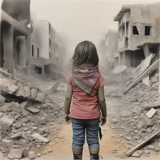Prompt: a drawing of (a little girl : 1.5) , Arab, Palestine Keffiyeh , standing among (the rubbles : 0.8), (smoke and destruction :0.5), ( background : 0.15) , back view, colored graphite painting , clear sharp contours , mute colors palette, by DANIELA UHLIG, high contrast, centered,  8k, HQ, UHD, insanely detailed, hyper realistic, trending on cgsociet