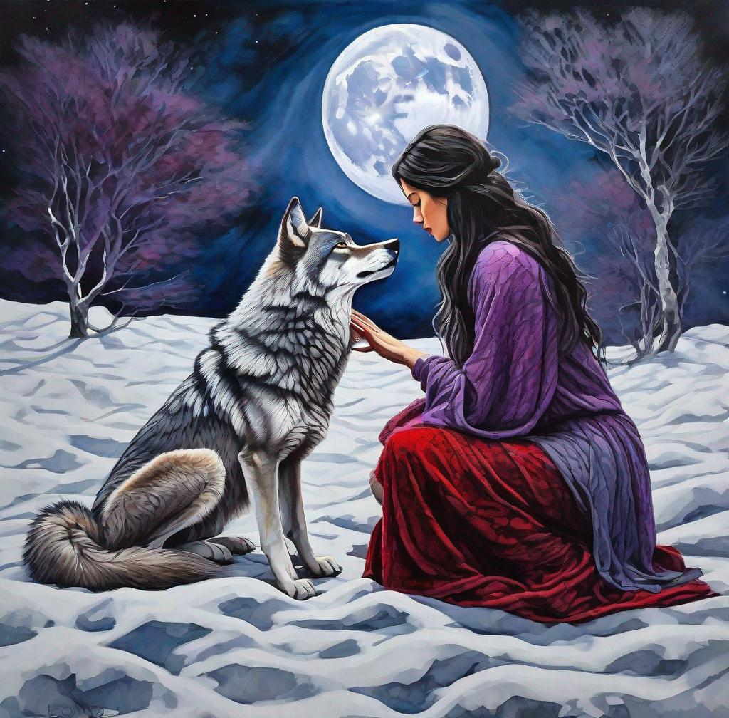 Prompt: An acrylic ink painting, a face-to-face  side profile, a dark haired beauty goddess kneeling, facing a pretty grey Wolfe, under a full moon, snow covered landscape , vanishing perspective, realism, Open impressionism, greyish blue shades and red purple tones, centered, UHD 16K , HQ, insanely detailed and intricate, hyper realistic, By Leonid Afremov