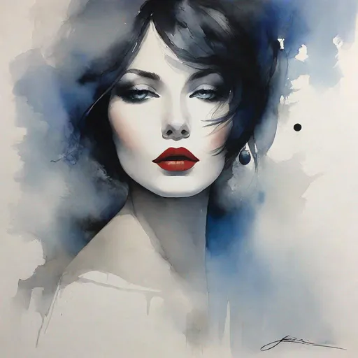 Prompt: cat's eyes,  A minimalist gouache art piece fashioned in the style of Loish Anne Bachelier,  pencil & ink sketch,  a very  beautiful and  delicate woman's face ,  dark eye-shadow , short hair, gouache wash, Lavender, slate, and blue, red lips, essence of bold and clean lines revealed, stark elements, refined simplicity, volumetric shadows, digital painting, UHD drawing