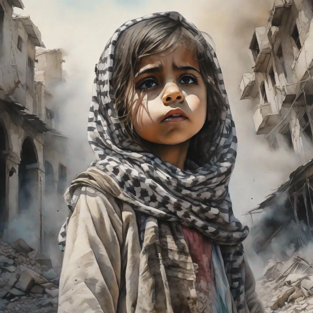 Prompt: A drawing of (a little girl : 1.5), Arab, wearing Palestinian Keffiyeh , looking upwards , standing  among the rubbles, smoke (background : 0.5) , watercolor painting , by DANIELA UHLIG, KAROL BAK, centered,  16k, HQ, UHD, insanely detailed, hyper realistic, trending on cgsociet