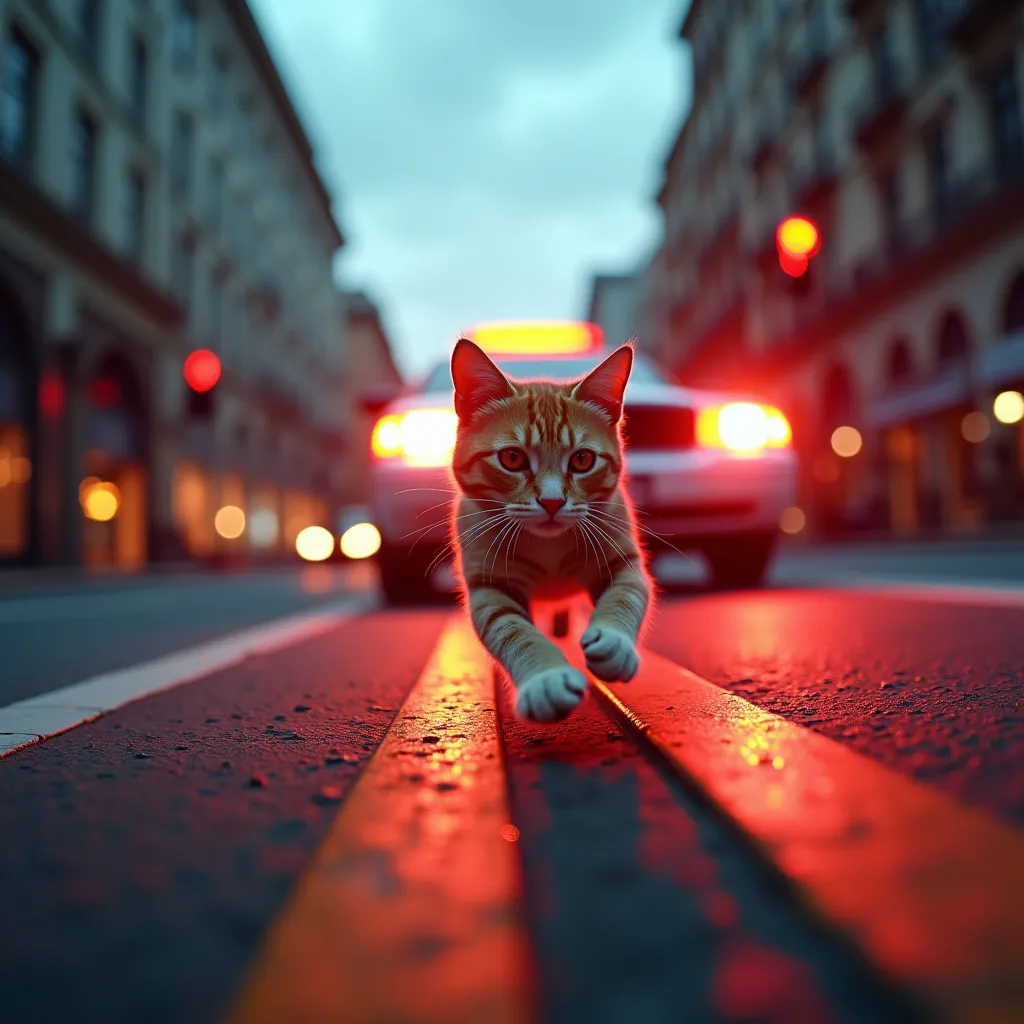 Prompt: An exhilarating low-angle photo capturing the heart-stopping moment a frightened cat dashes across an intersection, crossing a bright red traffic light while being chased by a police car. The perspective captures the tension and urgency of the scene, with the police car’s headlights illuminating the path ahead. The frightened demeanor of the cat is prominently featured, contrasting with the powerful stance of the police vehicle. The backdrop of an urban environment, with its motion blur, enhances the sense of speed, immersing the viewer in this high-stakes chase. Created Using: compelling low-angle framing, vivid color contrasts, kinetic tension, emotional emphasis, urban landscape details, dynamic composition, and hd quality --aspect 2:1