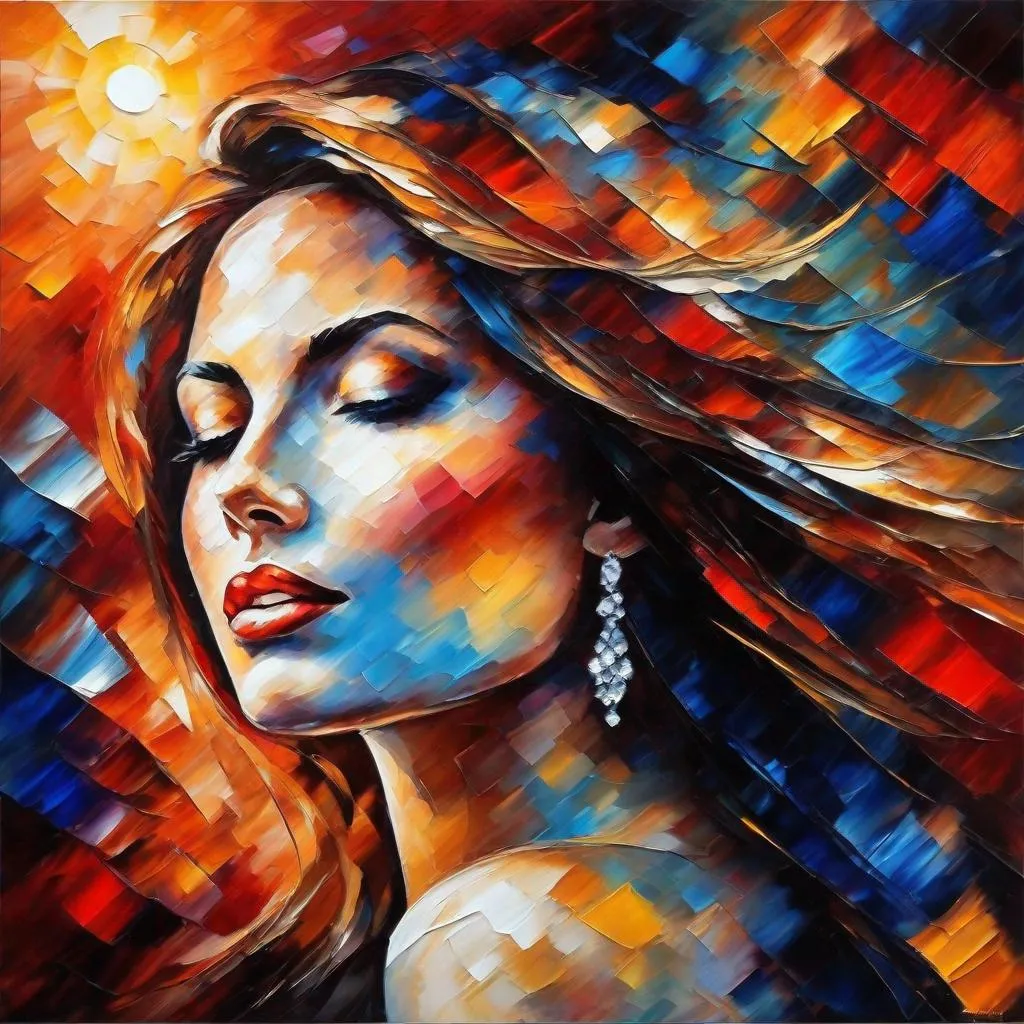 Prompt: An acrylic ink painting, Collage art, a beautiful woman at sunset, Montage, By LEONID AFREMOV, [white : red] shades, [organ: blue] tones , ethereal, centered, 16K, HQ, perspective, insanely detailed and intricate, hyper realistic, trending on cgsociet