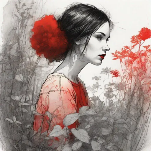 Prompt: Double exposure, a drawing of (a beautiful woman : 1.5) ,short dark hair, deep eyes, red lips, t-shirt , sitting down among (shrubs  : 0.3), (background : 0.15) ,vivid colors palette, liquid ink , by Jean Baptiste Monge, Loish Anne Bachelier, high contrast, centered, perspective, 8k, HQ, UHD, insanely detailed, hyper realistic, trending on cgsociet