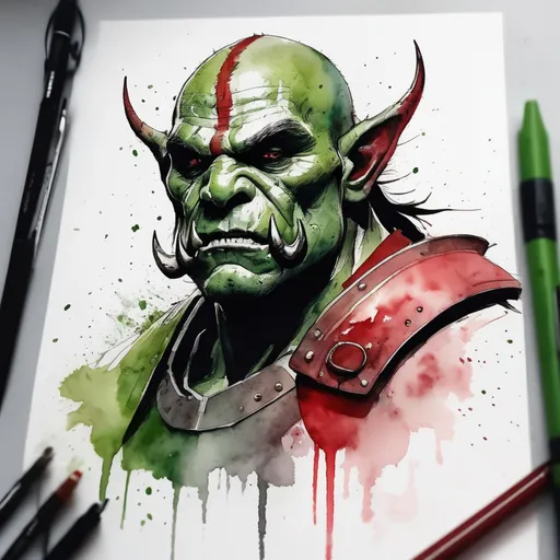 Prompt: Ultra realistic photo portrait of an orc warrior in watercolor style, minimalist, elegant, white background, black lines, green shades, red tones, thick bold Rotring lines, capturing strength and fantasy, powerful and artistic portrayal, focusing entirely on the character, no additional elements, watercolor illustration.