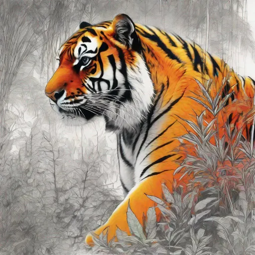 Prompt: Double exposure, a drawing of (a beautiful  tiger : 1.5) crouching down among (shrubs  : 0.75), (vivid foreground :0.30),  (hazy background : 0.15) , clear sharp contours , vivid colors palette, liquid ink , by Christian Riese Lassen, high contrast, centered, perspective, 8k, HQ, UHD, insanely detailed, hyper realistic, trending on cgsociet