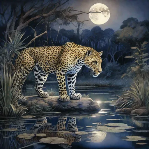 Prompt: dark ambient moonlit landscape, a watercolor painting , serene night, the great Savannah under clear sky, A beautiful leopard drinking from a pond , chromatic tones,  centered, 16K, insanely detailed and intricate, hyper realistic, elegant, perspective, by Christian Riese Lassen and Greg Rutkowski and Jordan Grimmer and James Jean
