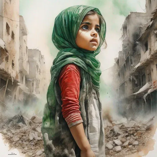 Prompt: A drawing of (a little girl : 1.5), Arab, wearing Palestinian Keffiyeh , looking upwards , standing  among the rubbles, smoke (background : 0.5) , watercolor painting , by DANIELA UHLIG, KAROL BAK, [red : white : green] , centered,  16k, HQ, UHD, insanely detailed, hyper realistic, trending on cgsociet