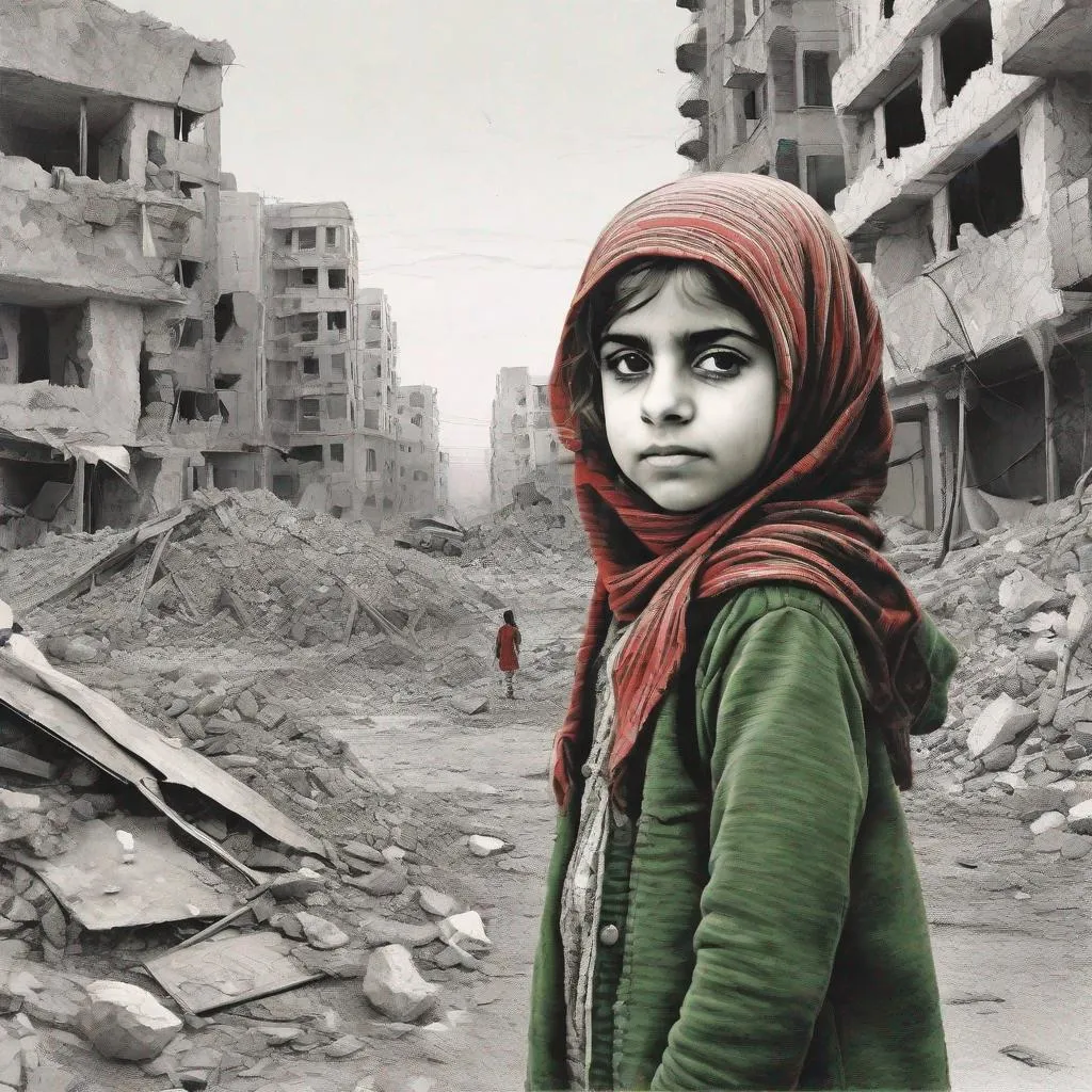 Prompt: [black: red: white: green] , a graphite drawing of (a little girl : 1.5) , Arab, Palestine Keffiyeh , standing tall among (the rubbles : 0.3), ( destroyed city in background : 0.15) , clear sharp contours , by DANIELA UHLIG, high contrast, centered, perspective, 8k, HQ, UHD, insanely detailed, hyper realistic, trending on cgsociet