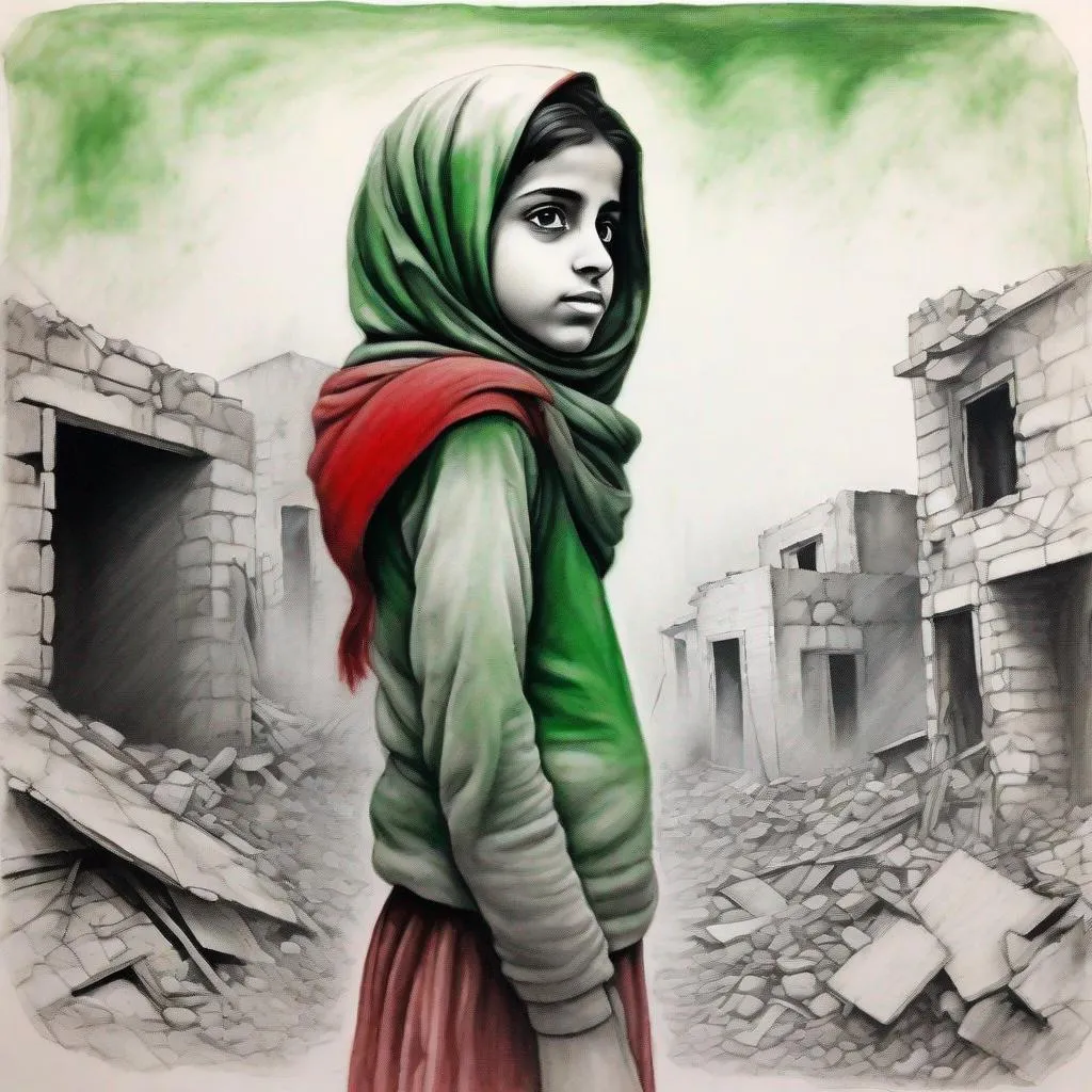 Prompt: a drawing of (a Palestinian girl: 1.5) , Arab wearing Keffiyeh , (standing tall among the rubbles : 1) facing camera ,  (surrounded by destroyed houses , smoke, background : 0.5) , low angle  view,  graphite painting , [white : red : green : black] , clear sharp contours , mute colors palette, by DANIELA UHLIG, high contrast, centered,  8k, HQ, UHD, insanely detailed, hyper realistic, trending on cgsociet