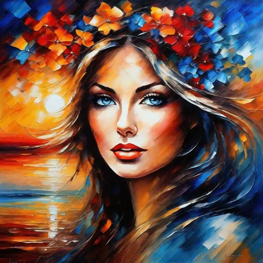 Prompt: An acrylic ink painting, Collage art, a beautiful woman at sunset, Montage, By LEONID AFREMOV, [white : red] shades, [organ: blue] tones , ethereal, centered, 16K, HQ, perspective, insanely detailed and intricate, hyper realistic, trending on cgsociet