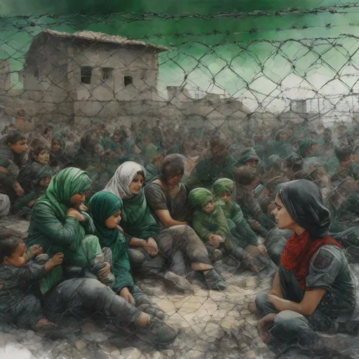 Prompt: a drawing of ( Palestinian  people : 1.5) , women and children sitting ( among rubbles in a prison camp : 0.3), Barbed wire ,(background : 0.15) , gloomy , [ black: green] , watercolors,  by KAROL BAK, red ink wash , centered , 8k, HQ, UHD, insanely detailed, hyper realistic, trending on cgsociet