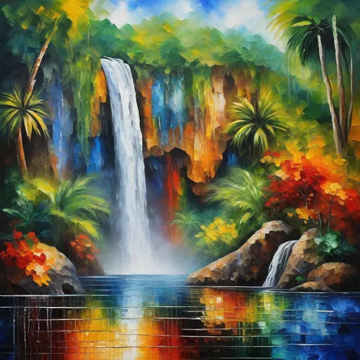Prompt: a serene waterfall in a tropical landscape at a warm day, sharp detailed textures, Chromatic colors and shades, Impasto, ink wash, acrylic paints, Superrealism, maximalism, vibrant, centered, UHD,16K, HQ, insanely detailed and intricate, in the style of Leonid Afremov , Joan Miro, Sonia Delaunay