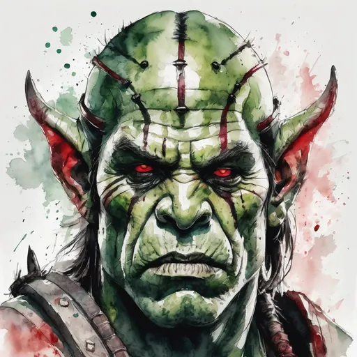 Prompt: Ultra realistic photo portrait of an orc warrior in watercolor style, minimalist, elegant, white background, black lines, green shades, red tones, thick bold Rotring lines, capturing strength and fantasy, powerful and artistic portrayal, focusing entirely on the character, no additional elements, watercolor illustration.