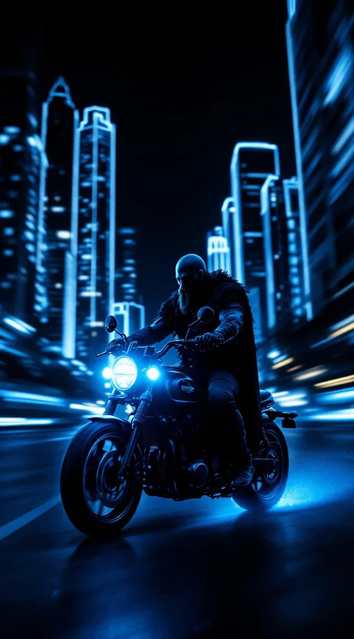 Prompt: A Viking figure sits astride a motorcycle, rendered as a dark silhouette with shimmering neon blue outlines defining its form.The motorcycle and rider are positioned centrally in the frame, moving through a nighttime urban setting. The background features dark silhouettes of skyscrapers, each building outlined in glittering phosphorescent dust. The entire composition is rendered in neon blue tones against a pure black background, creating stark contrast between light and shadow. The cityscape appears blurred, suggesting motion, while maintaining the crisp outline of the central figure. Documentary-style photography with dramatic lighting and motion blur effects against dark backgrounds.