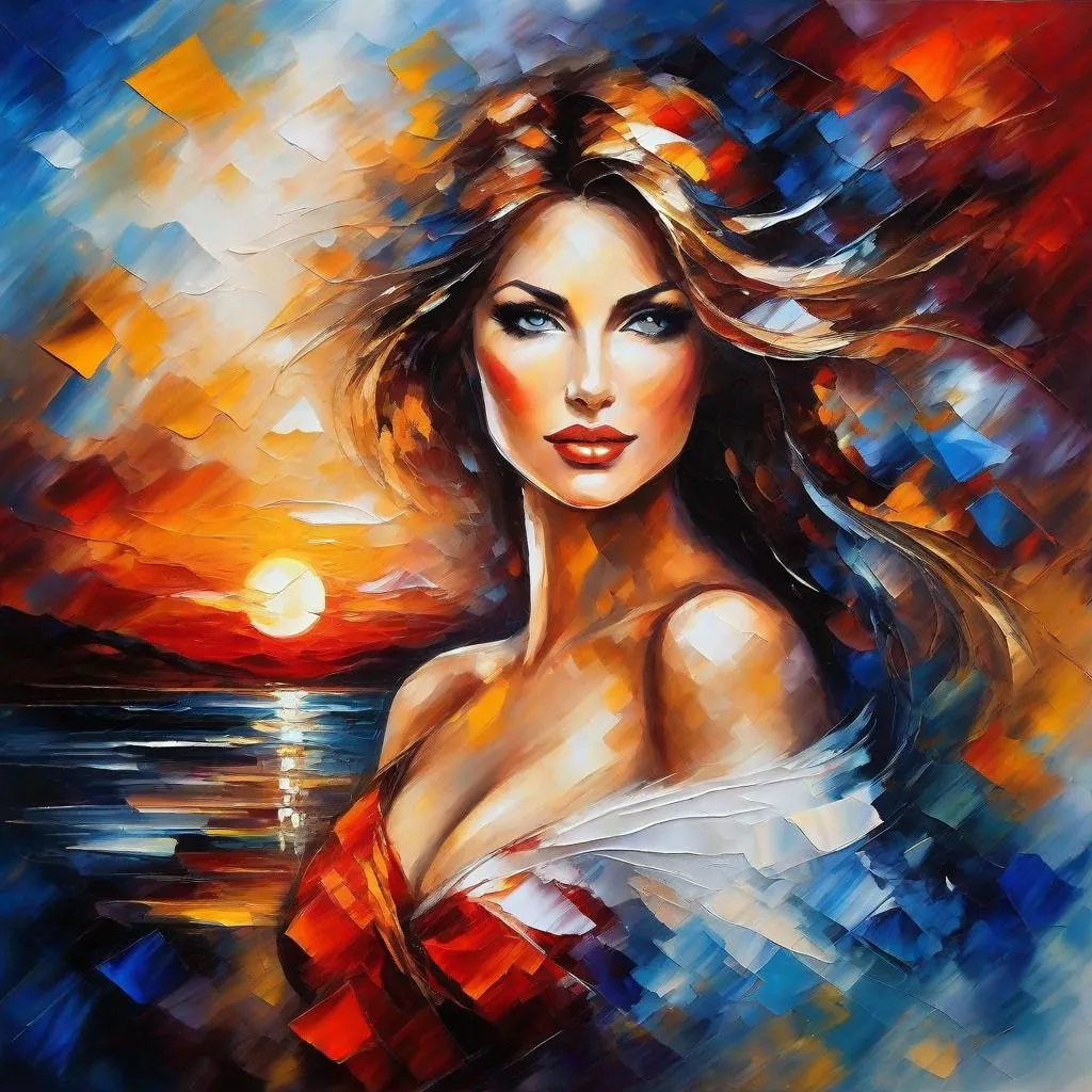 Prompt: An acrylic ink painting, Collage art, a beautiful woman at sunset, Montage, By LEONID AFREMOV, [white : red] shades, [organ: blue] tones , ethereal, centered, 16K, HQ, perspective, insanely detailed and intricate, hyper realistic, trending on cgsociet