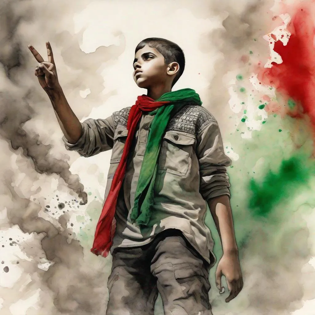Prompt: A drawing of (a boy : 1.5), Arab, wearing Palestinian Keffiyeh , looking upwards rising his hand in victory sign , standing  among the rubbles , smoke (background : 0.5) ,[ red : green: black] watercolor painting , alcohol-ink wash, by DANIELA UHLIG, KAROL BAK, centered,  16k, HQ, UHD, insanely detailed, hyper realistic, trending on cgsociet
