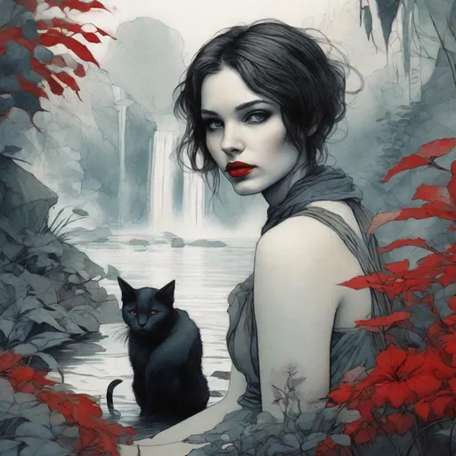 Prompt: a drawing of a beautiful woman with short dark hair , cat's eyes makeup ,red lips , sitting down among shrubs,  a waterfall in background , cold colors palette, liquid ink , by Jean Baptiste Monge, Loish Anne Bachelier, fine delicate contours lines  ,  high contrast, centered, perspective, 8k, HQ, UHD, insanely detailed, hyper realistic, trending on cgsociet