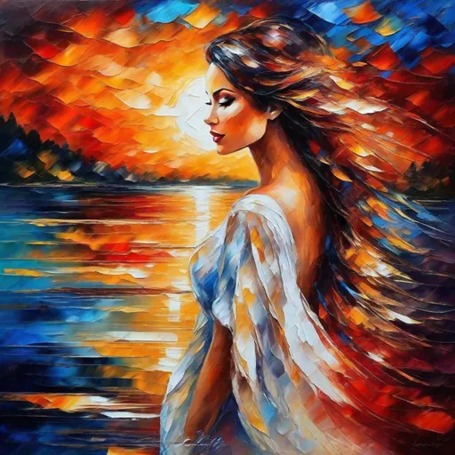 Prompt: An acrylic ink painting, Collage art, a beautiful woman at sunset, Montage, By LEONID AFREMOV, [white : red] shades, [organ: blue] tones , ethereal, centered, 16K, HQ, perspective, insanely detailed and intricate, hyper realistic, trending on cgsociet