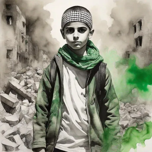 Prompt: A drawing of (a boy rising his hand in victory sign : 1.5), Arab, wearing Palestinian Keffiyeh , standing  among the rubbles , smoke (background : 0.5) , looking to camera,[ black : white : green] watercolor painting , red alcohol-ink wash, by DANIELA UHLIG, KAROL BAK, centered,  16k, HQ, UHD, insanely detailed, hyper realistic, trending on cgsociet
