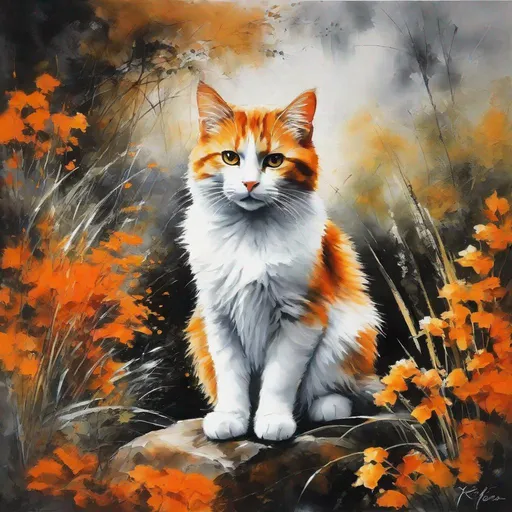 Prompt: An impressionist acrylic ink painting (inside a circle: 1.1), a cat crouching on a rock, vegetation, ink wash, [orange : black : white ], blending, by Christian Riese Lassen and Leonid Afremov, centered,16k, HQ, UHD, highly detailed, trending on cgsociet