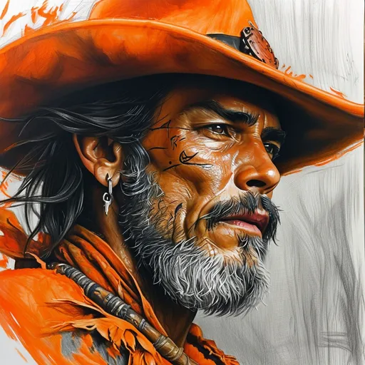 Prompt: Ethereal pencil sketch drawing flows merge black and vibrant  orange, crafting a surrealist dreamscape. The Lone Ranger, adorned with tribal tattoos. His form dissolves into grey pixels. Infinite void backdrop evokes transcendent mystery, The artwork captures the face in closeup, highlighting facial features and emotions