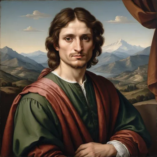 Prompt: A painted portrait of a man in the style of Italian Renaissance painter Raphael with mountains in the background, similar to his Portraits of Agnolo, with rich and dark color pallet, attention to drapery, idealized beauty, balanced composition, soft and gentle lighting and more texture and grain