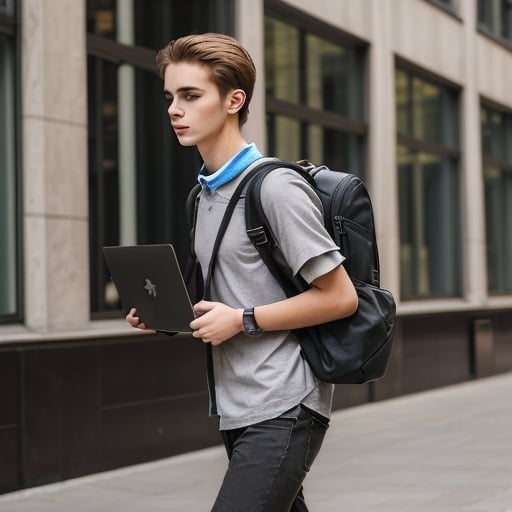 Prompt: fashion young man model, carry a laptop backpack in the city