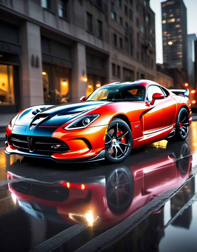 Prompt: a dodge viper glossy metallic finish, lights reflecting on the car, dynamic and sleek design, high quality, dynamic design