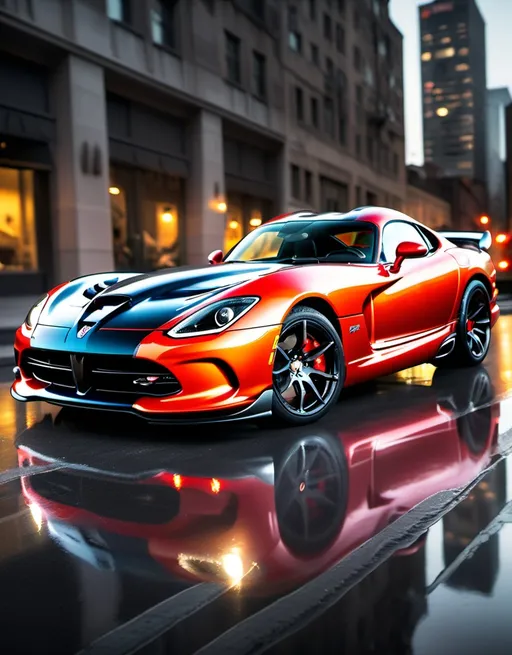 Prompt: a dodge viper glossy metallic finish, lights reflecting on the car, dynamic and sleek design, high quality, dynamic design