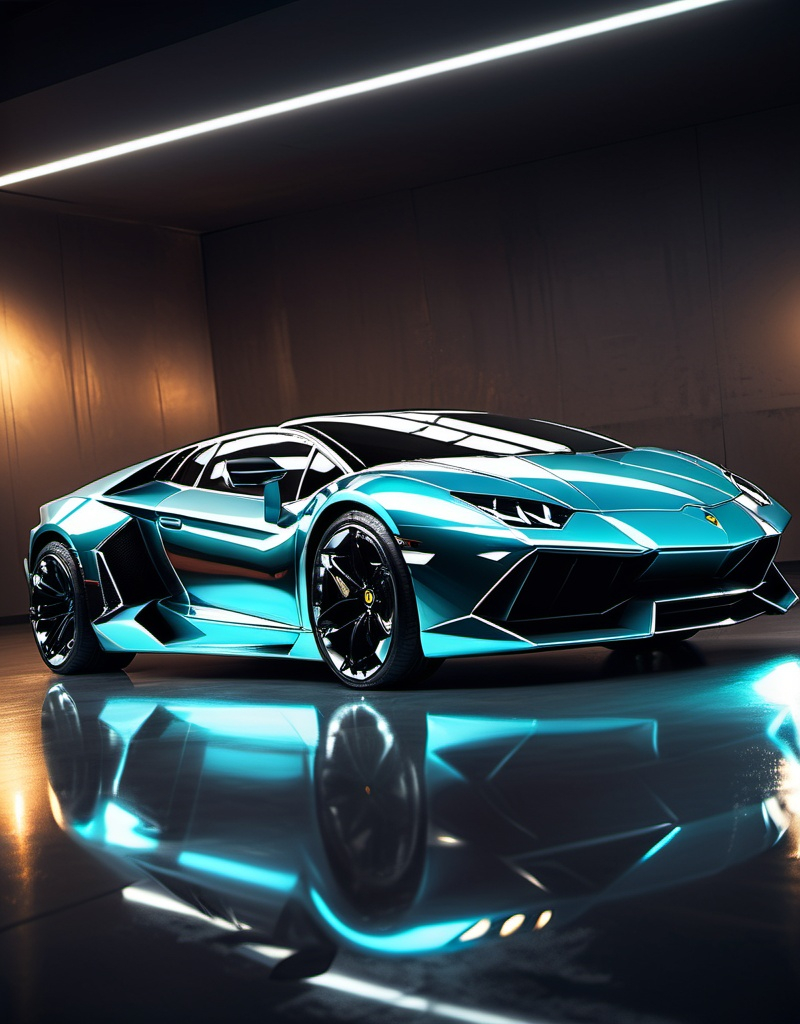 Prompt: a Lamborghini glossy metallic finish, lights reflecting on the car, dynamic and sleek design, high quality, dynamic design