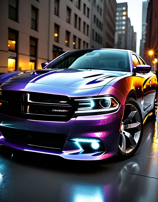 Prompt: a dodge
Charger glossy metallic finish, lights reflecting on the car, dynamic and sleek design, high quality, dynamic design