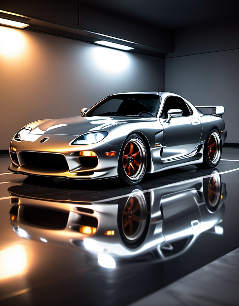 Prompt: a rx7
 glossy metallic finish, lights reflecting on the car, dynamic and sleek design, high quality, dynamic design