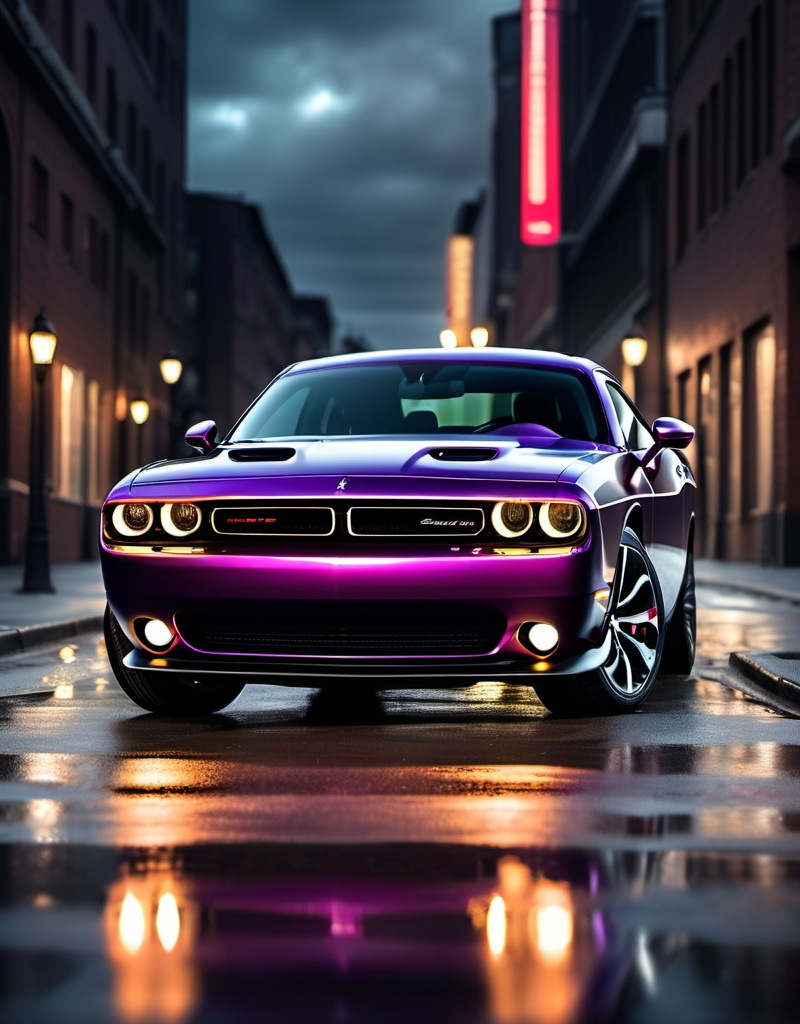 Prompt: a dodge
Challenger glossy metallic finish, lights reflecting on the car, dynamic and sleek design, high quality, dynamic design