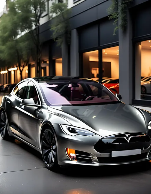 Prompt: a tesla glossy metallic finish, lights reflecting on the car, dynamic and sleek design, high quality, dynamic design