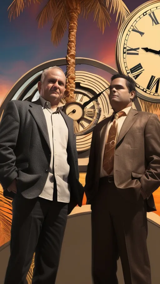 Prompt: (central image: two men standing in front of a clock), vibrant sky sign behind, detailed palm tree design on clock, reflecting sunlight, (vfx effects), artistic style of a photocopy, warm color tones, nostalgic ambiance, high detail, (ultra-detailed), emphasizes themes of time and friendship, textured wall background.