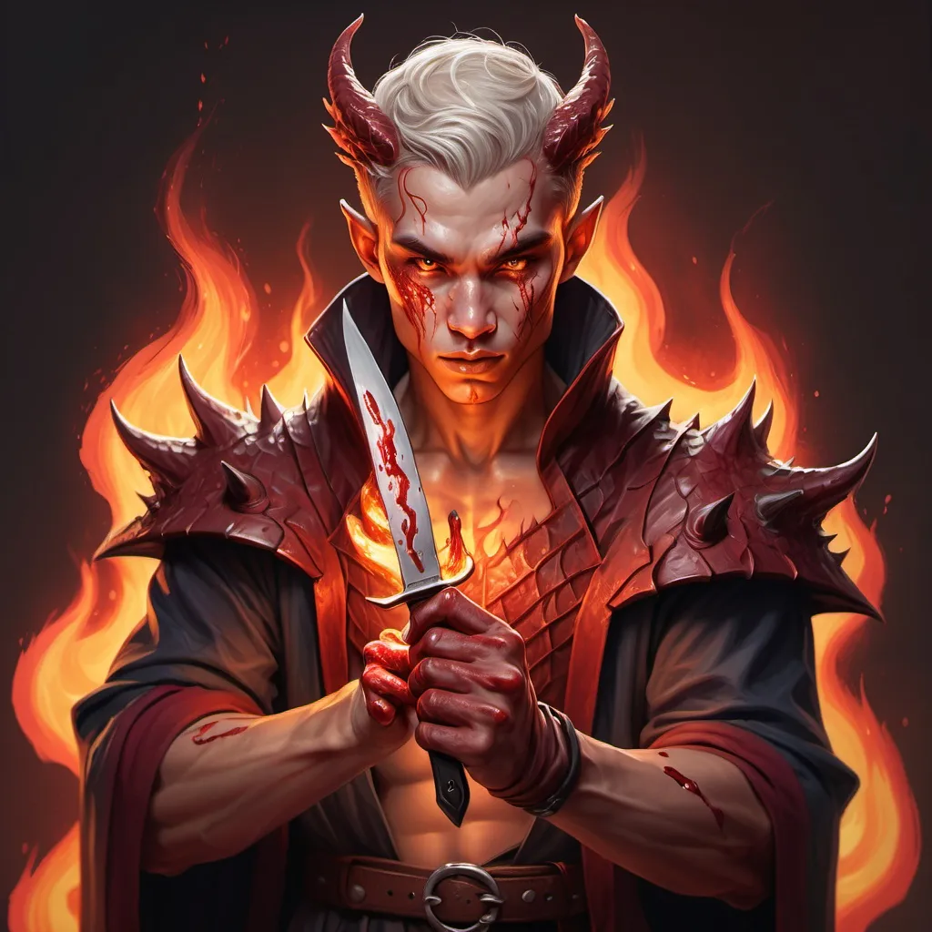 Prompt: hyper-realistic Half dragon man light skin blood mage holding a knife made of blood
character with fire hands, fantasy character art, illustration, dnd, warm tone