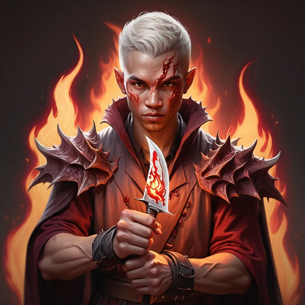 Prompt: hyper-realistic Half dragon man light skin blood mage holding a knife made of blood
character with fire hands, fantasy character art, illustration, dnd, warm tone