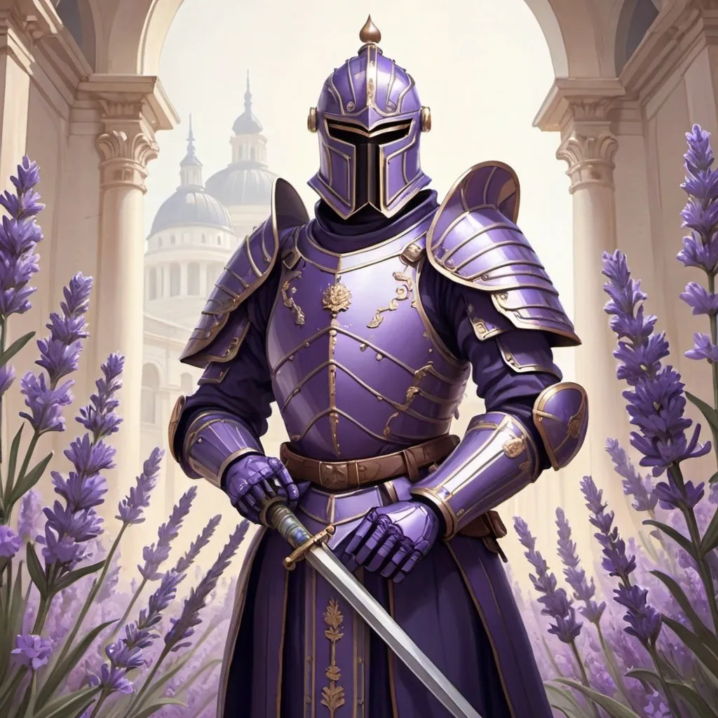 Prompt: a government inlayed by lavender flowers with an armored glove in the center holding a saber