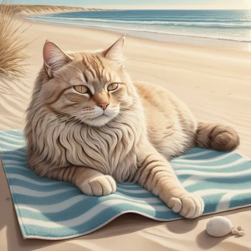 Prompt: Surrealism illustration of a serene cat, sand-colored fur, peaceful beach scene, cat laying on beach towel with closed eyes, surreal artistic style, dreamlike atmosphere, sandy beach, ocean waves, peaceful, detailed fur, tranquil setting, high quality, surrealism, peaceful tones, dreamy lighting