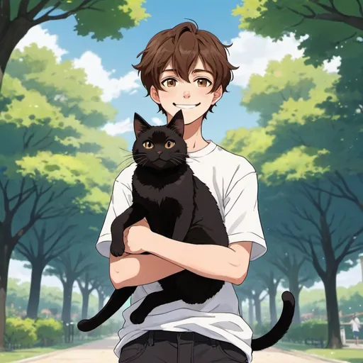 Prompt: Teenage boy with brown hair that splits down the middle, smiling, holding black cat in air, anime style, 2d art, high quality, detailed, professional, background, park