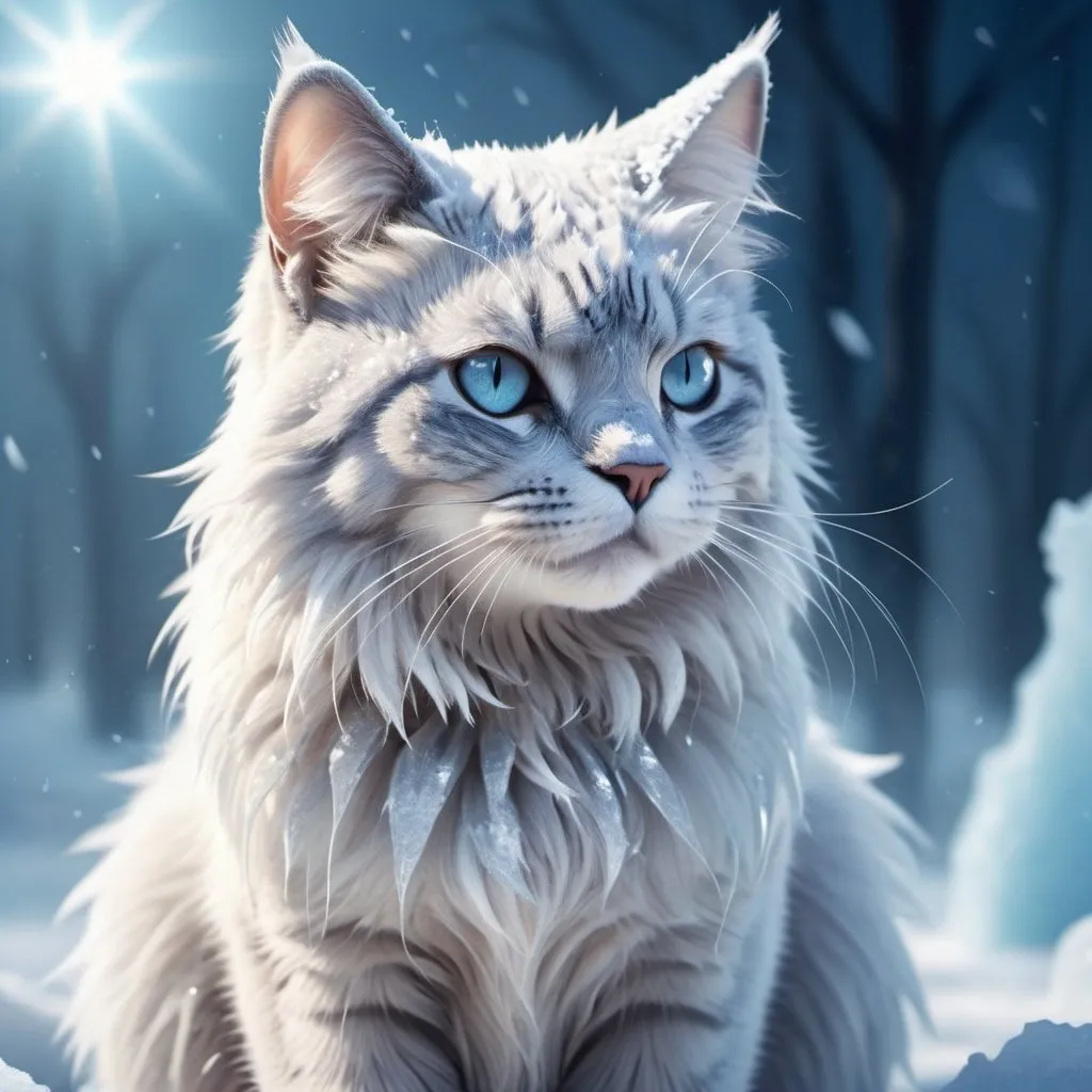 Prompt: Pokemon-style illustration of a cat with silvery fur, exhaling frost, icy atmosphere, detailed fur with frosty reflections, intense gaze, high quality, game style, frosty tones, detailed breath, cool lighting