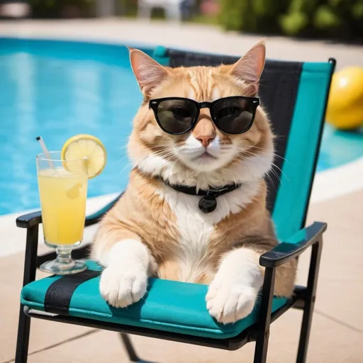 Prompt: cat with black sunglasses, relaxing on chair, with glass of lemonade in paw, background is public pool.