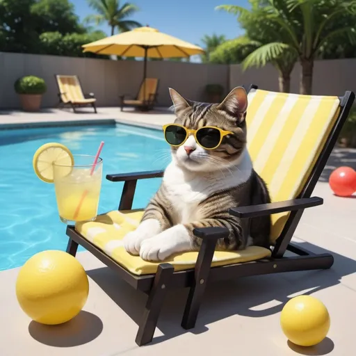Prompt: cat with black sunglasses,  anime style, relaxing on chair, with glass of lemonade in paw, background is pool, in pool are other cats playing with beachballs, 2d art, full body. 
