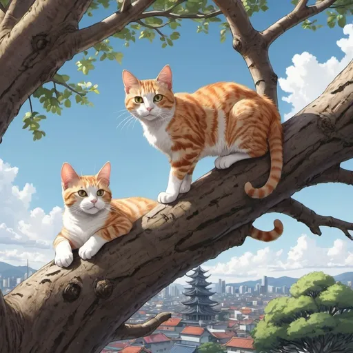 Prompt: Cat in tree above ground, full picture, detailed, anime style, 2d art.
