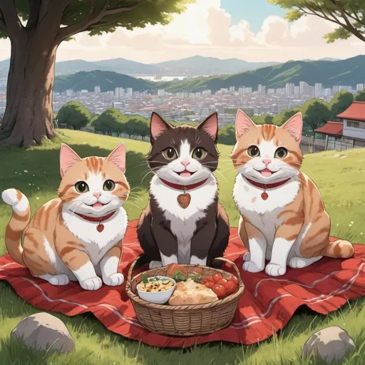 Prompt: Three cats smiling, sitting on a white and red blanket on a grassy hill, with a brown basket, plates of food on blanket, tree on hill, background park, anime style, 2d art, detailed,