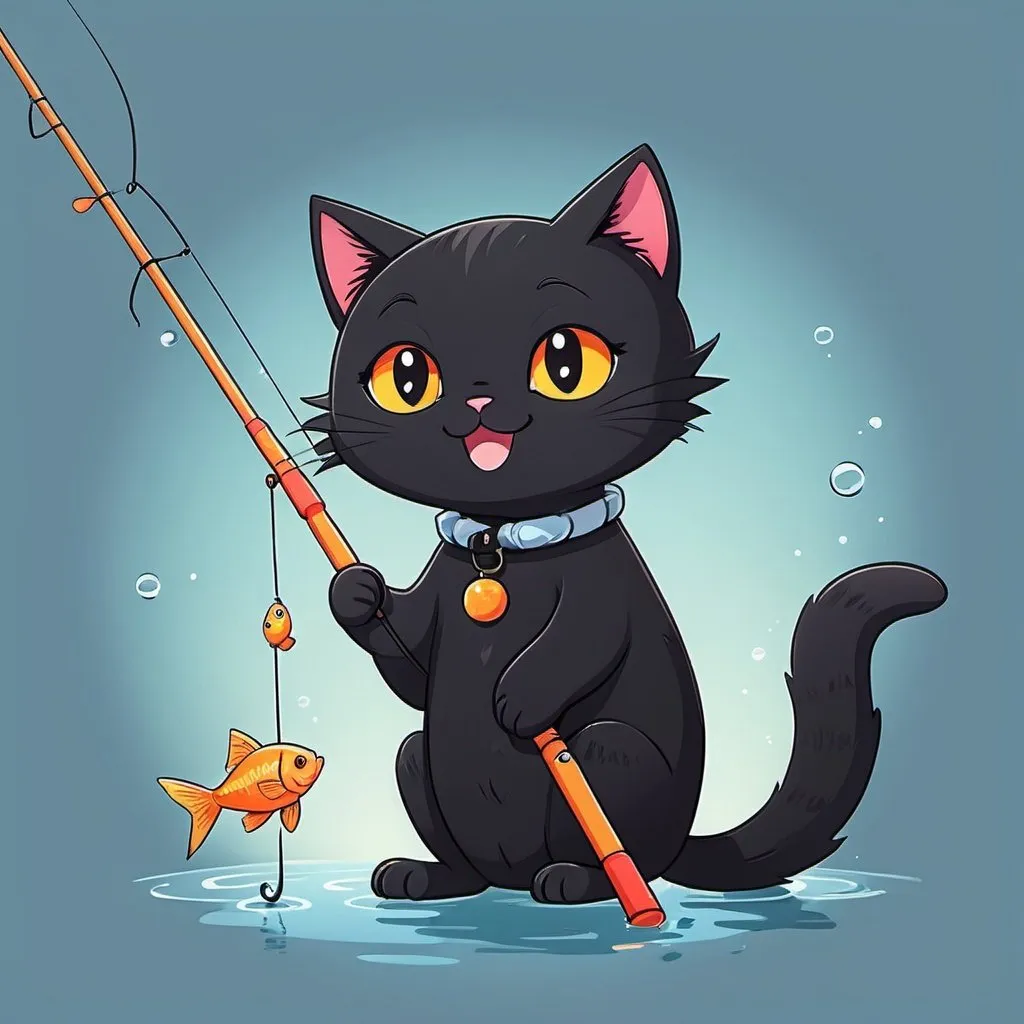 Prompt: a cute happy black cat, flat shading, minimalist, with fishing rod with fish at end, anime style, high quality 2d, art.