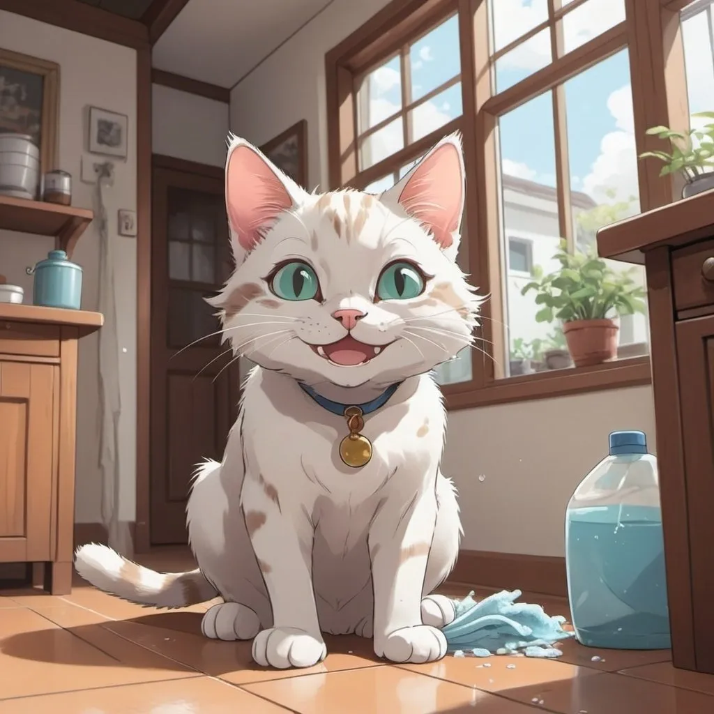 Prompt: a cat cleaning inside a house, cat smiling, anime style, 2d art, detailed.