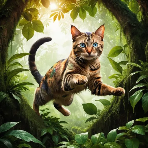 Prompt: Surrealism image of a cat covered in leaves and dirt, jumping and climbing trees in a lush jungle, vibrant and dreamlike, high quality, surrealism, detailed fur, vibrant colors, dreamy lighting, jungle foliage, surreal, detailed eyes, mystical, imaginative, surrealistic art, climbing behavior, jumping cat, cat in nature, vivid atmosphere, detailed surrealist art