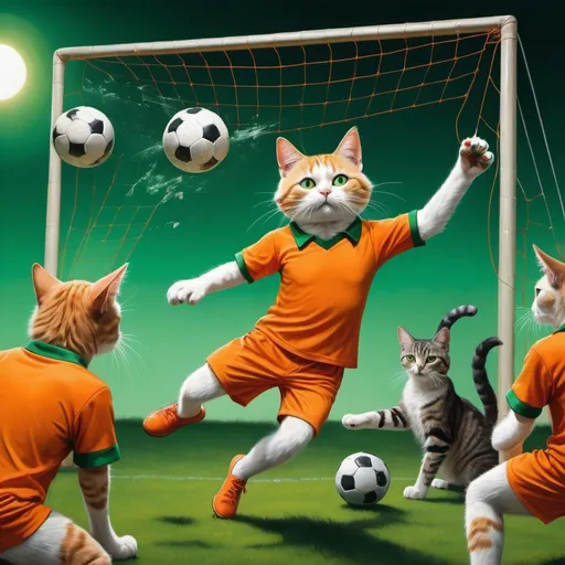 Prompt: Surrealism image of a cat in an orange shirt shooting a ball into a soccer goal, surrounded by cats wearing orange and green shirts, dreamlike surrealistic depiction, vibrant and contrasting colors, high-quality, ultra-detailed, surrealism, cat in orange shirt, shooting a ball, soccer goal, cats in orange and green shirts, dreamlike scene, vibrant colors, contrasting tones, detailed fur and textures, otherworldly lighting